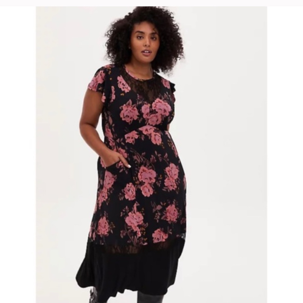 Torrid Floral Studio Knit Midi Dress Flutter Sleeves Lace Trim Black